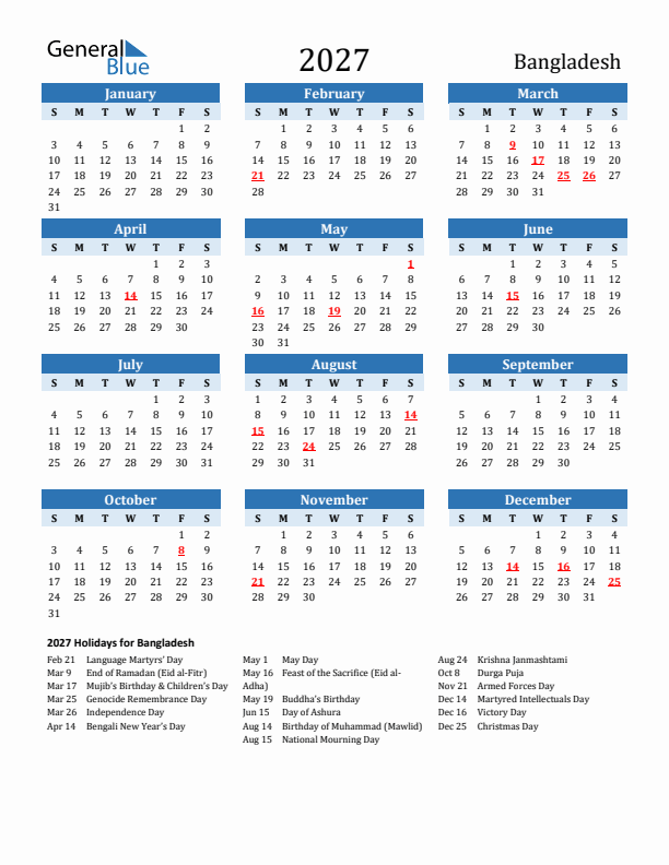 Printable Calendar 2027 with Bangladesh Holidays (Sunday Start)