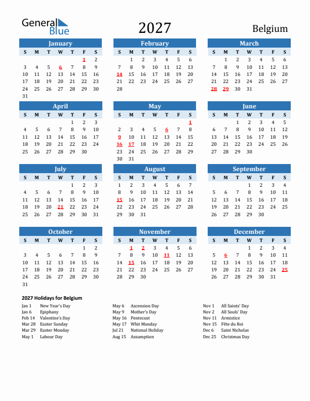 Printable Calendar 2027 with Belgium Holidays (Sunday Start)