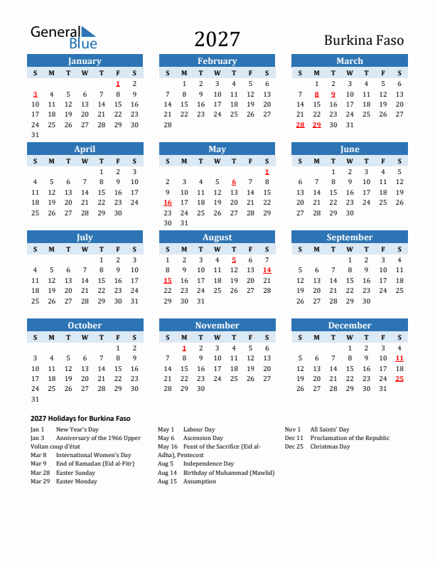 Printable Calendar 2027 with Burkina Faso Holidays (Sunday Start)