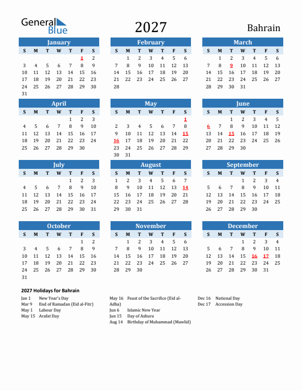 Printable Calendar 2027 with Bahrain Holidays (Sunday Start)