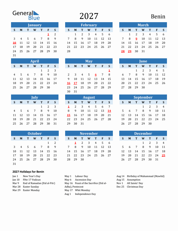 Printable Calendar 2027 with Benin Holidays (Sunday Start)