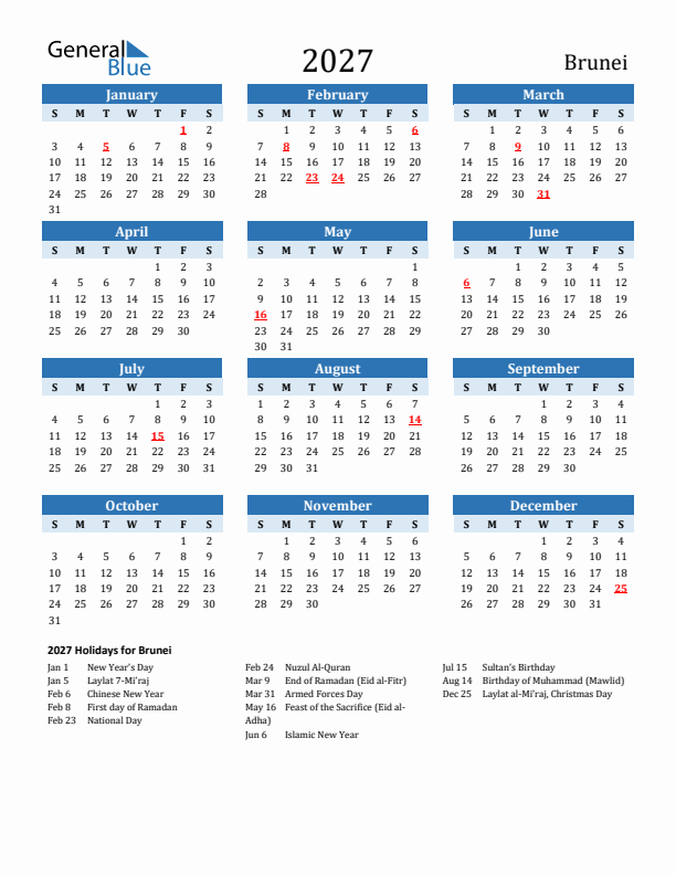 Printable Calendar 2027 with Brunei Holidays (Sunday Start)
