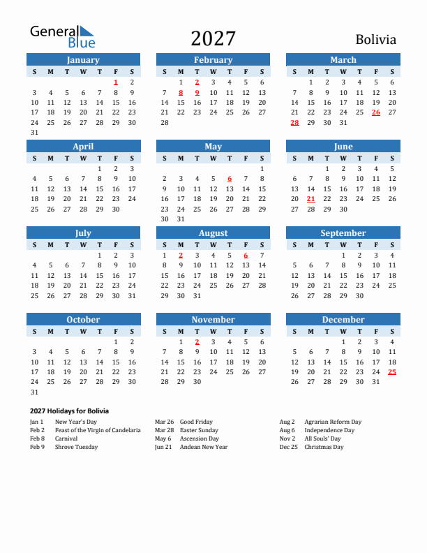 Printable Calendar 2027 with Bolivia Holidays (Sunday Start)