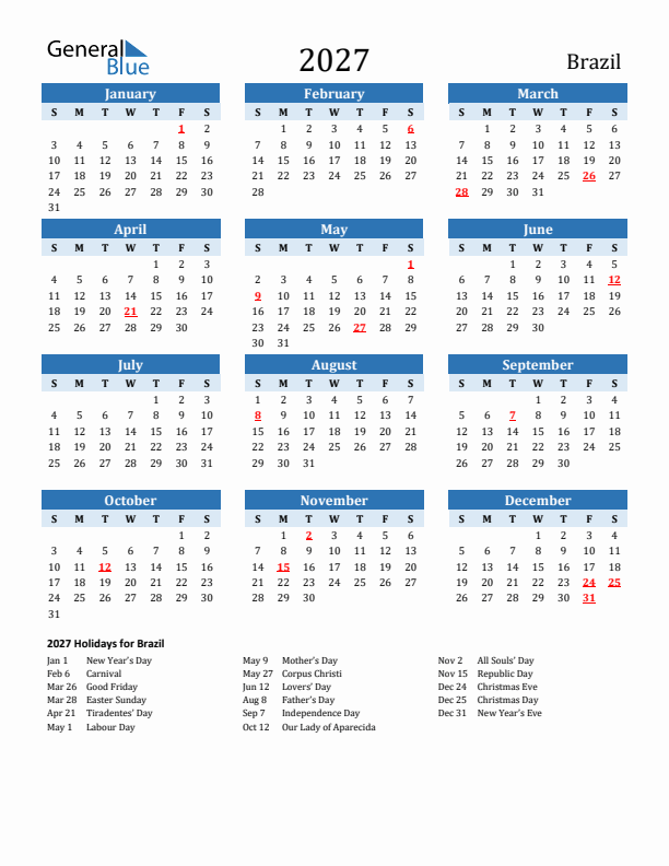Printable Calendar 2027 with Brazil Holidays (Sunday Start)