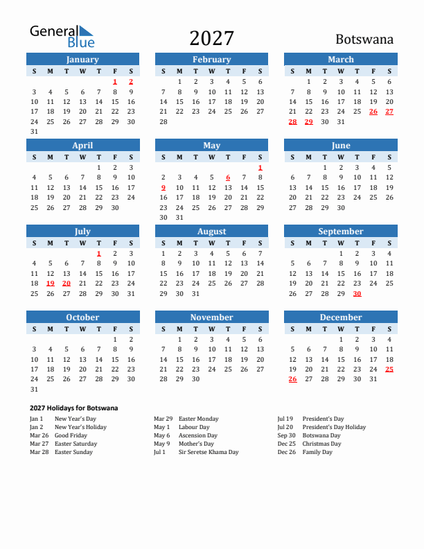 Printable Calendar 2027 with Botswana Holidays (Sunday Start)