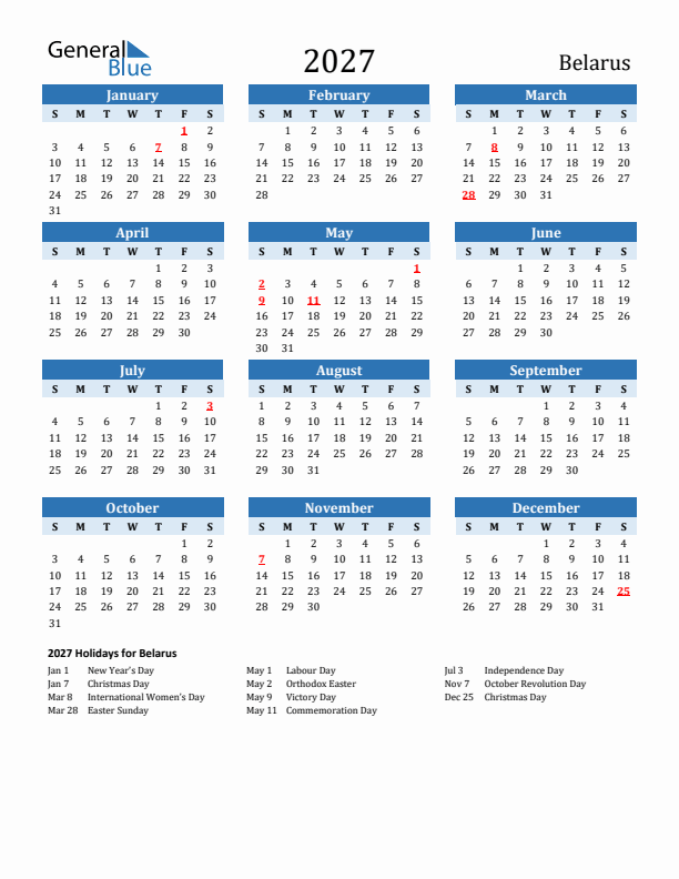 Printable Calendar 2027 with Belarus Holidays (Sunday Start)