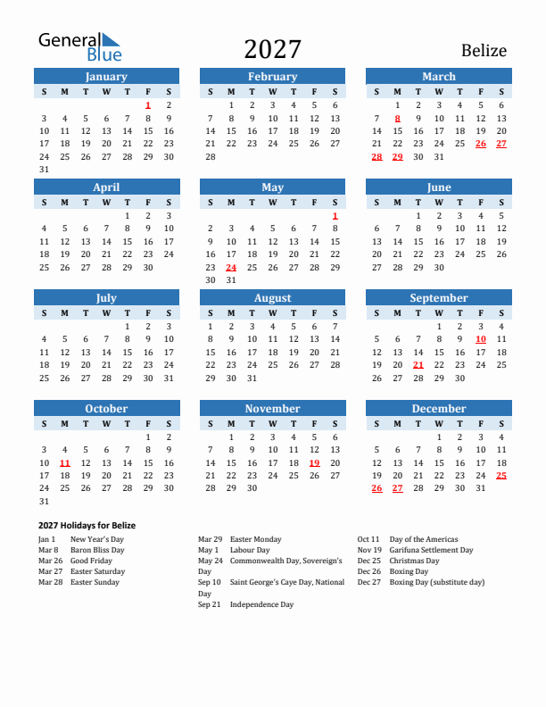 Printable Calendar 2027 with Belize Holidays (Sunday Start)