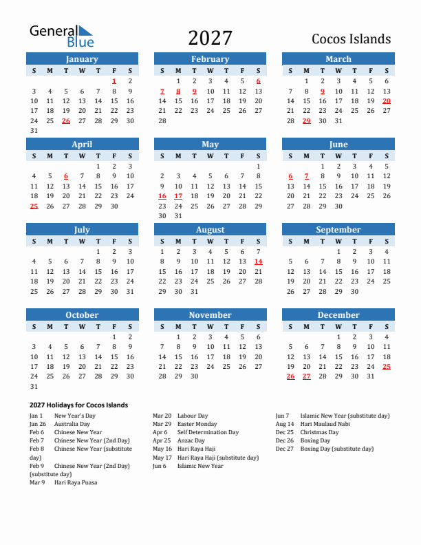 Printable Calendar 2027 with Cocos Islands Holidays (Sunday Start)