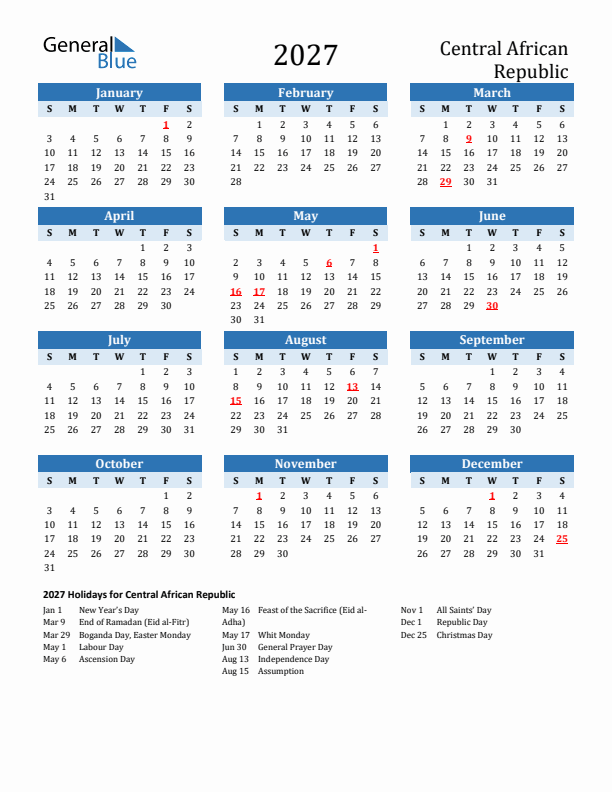 Printable Calendar 2027 with Central African Republic Holidays (Sunday Start)