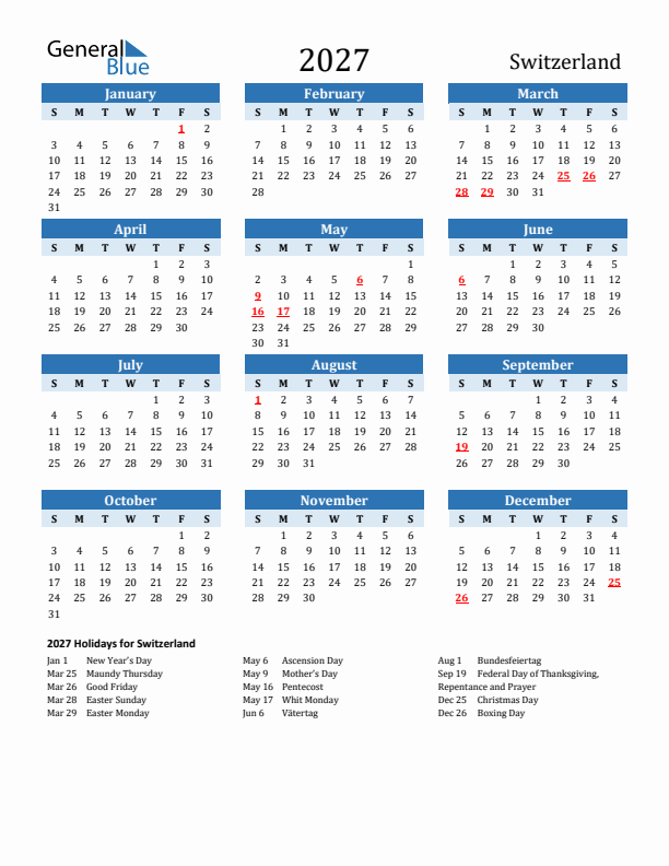 Printable Calendar 2027 with Switzerland Holidays (Sunday Start)