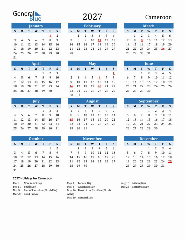 Printable Calendar 2027 with Cameroon Holidays (Sunday Start)