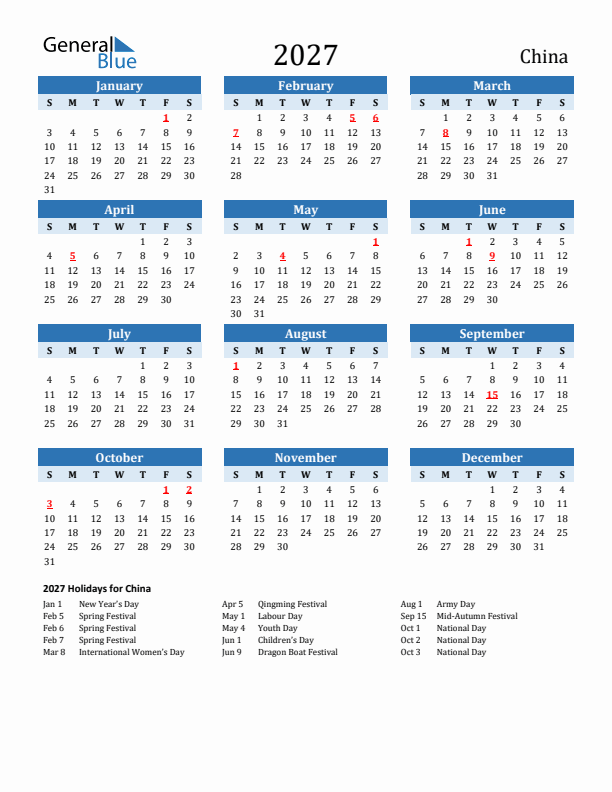 Printable Calendar 2027 with China Holidays (Sunday Start)