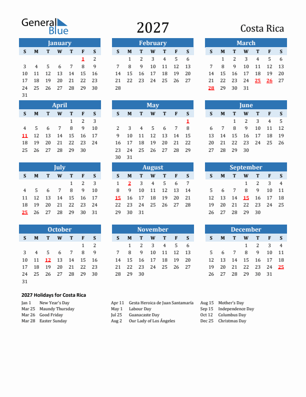 Printable Calendar 2027 with Costa Rica Holidays (Sunday Start)
