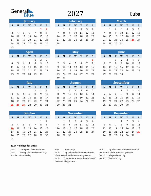 Printable Calendar 2027 with Cuba Holidays (Sunday Start)