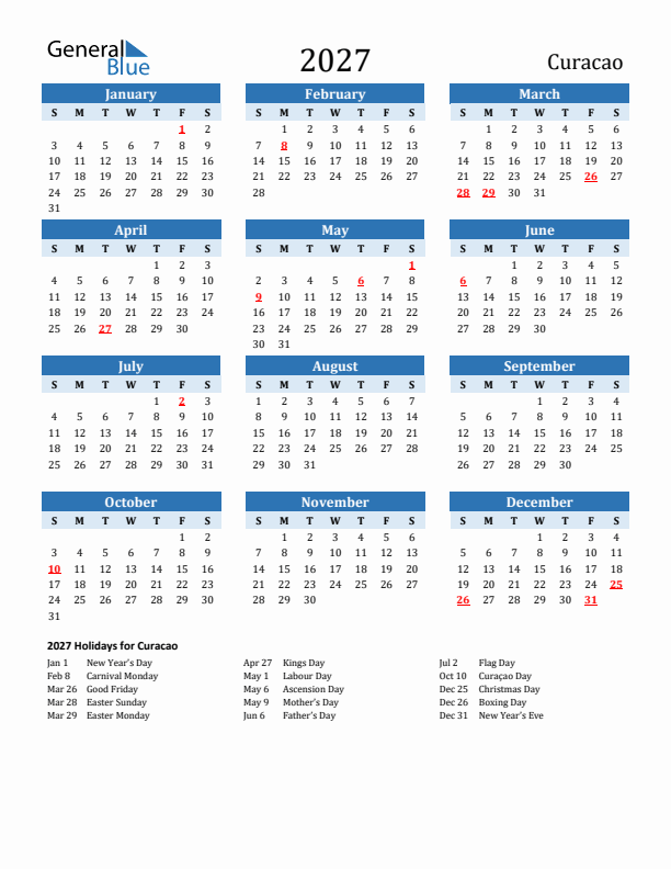 Printable Calendar 2027 with Curacao Holidays (Sunday Start)