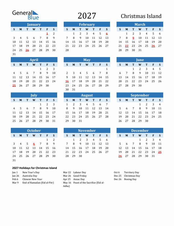 Printable Calendar 2027 with Christmas Island Holidays (Sunday Start)
