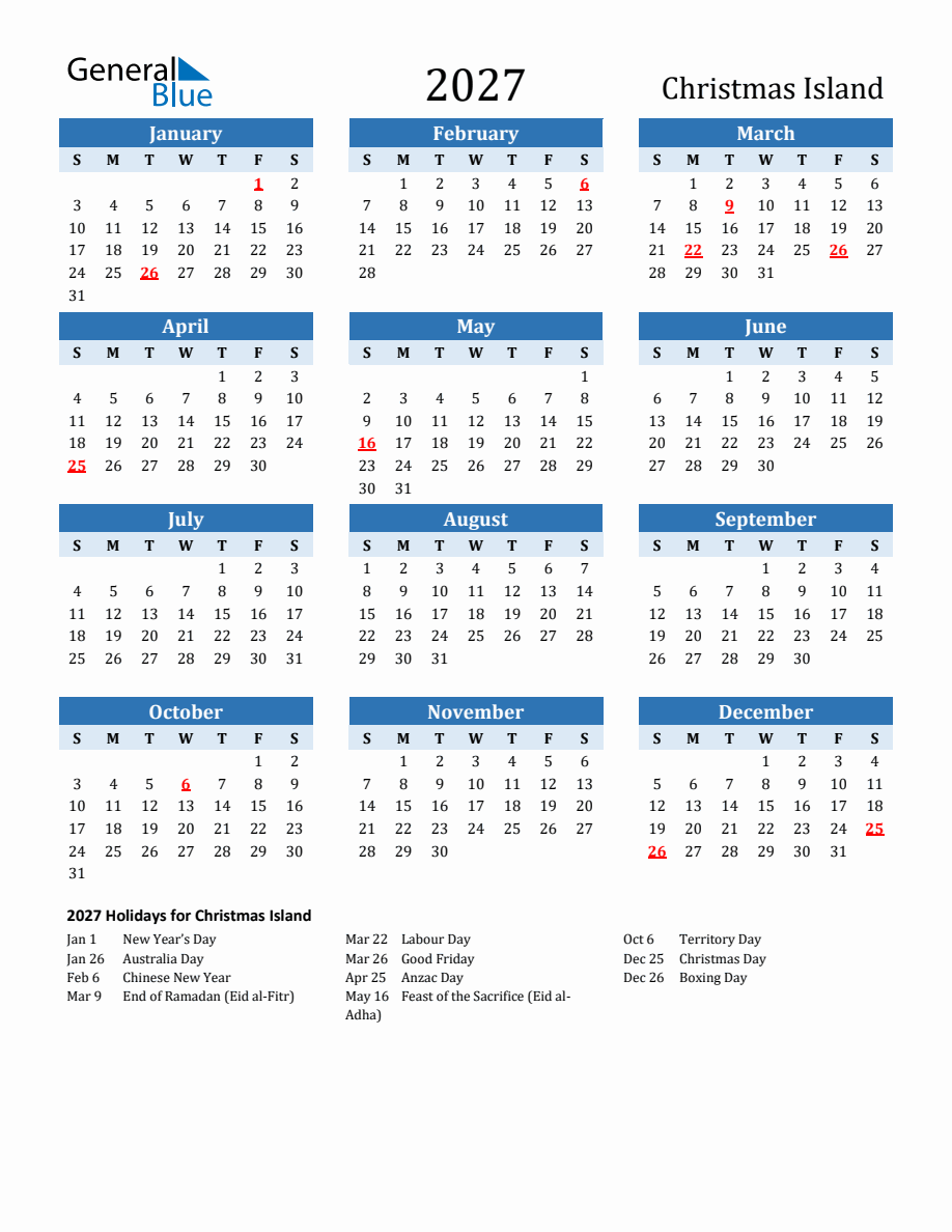 2027 Printable Calendar with Christmas Island Holidays