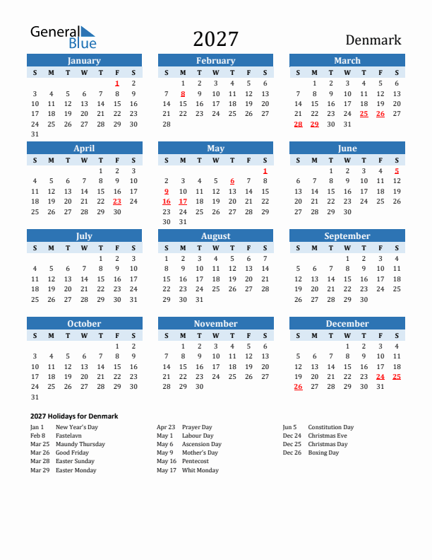 Printable Calendar 2027 with Denmark Holidays (Sunday Start)