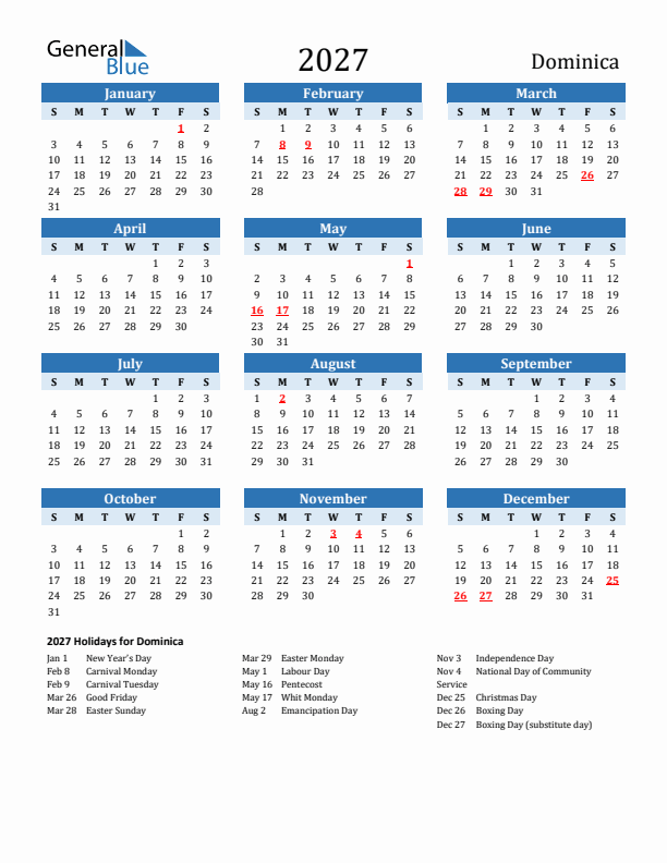Printable Calendar 2027 with Dominica Holidays (Sunday Start)
