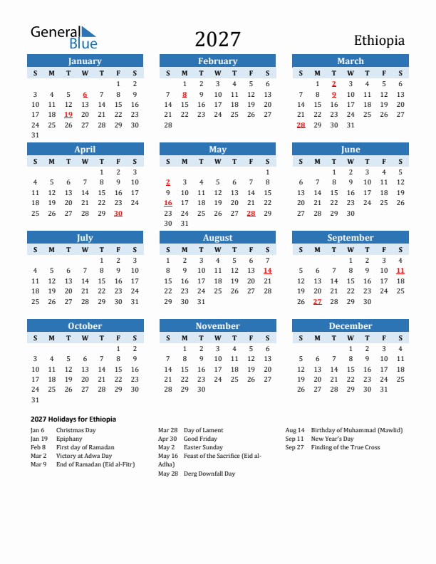 Printable Calendar 2027 with Ethiopia Holidays (Sunday Start)