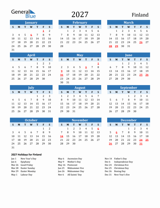 Printable Calendar 2027 with Finland Holidays (Sunday Start)