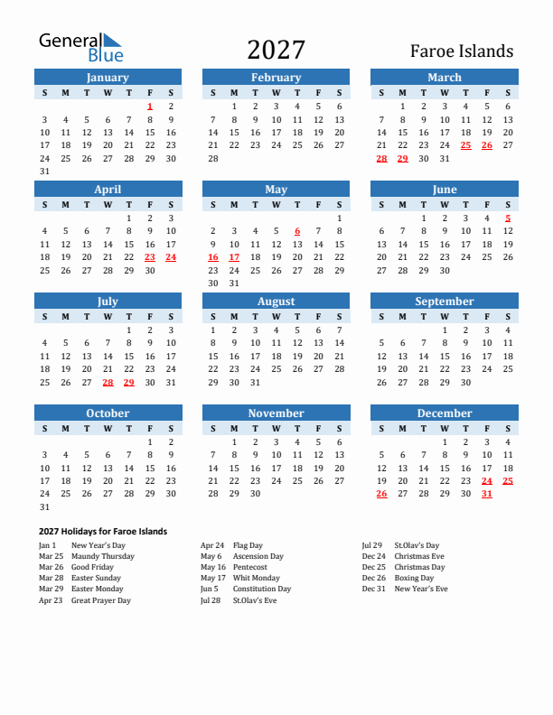 Printable Calendar 2027 with Faroe Islands Holidays (Sunday Start)