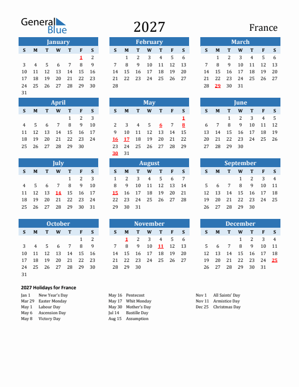 Printable Calendar 2027 with France Holidays (Sunday Start)
