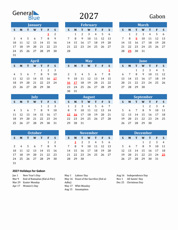 Printable Calendar 2027 with Gabon Holidays (Sunday Start)