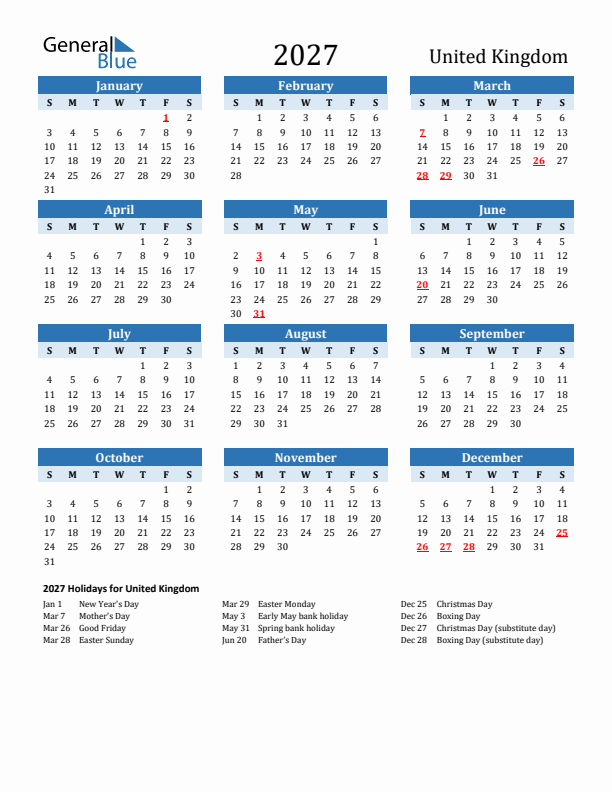 Printable Calendar 2027 with United Kingdom Holidays (Sunday Start)