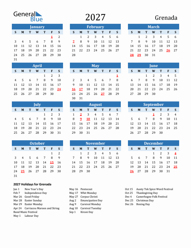 Printable Calendar 2027 with Grenada Holidays (Sunday Start)