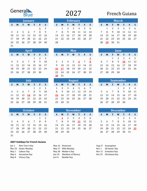 Printable Calendar 2027 with French Guiana Holidays (Sunday Start)