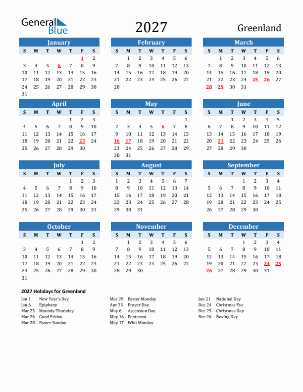 Printable Calendar 2027 with Greenland Holidays (Sunday Start)