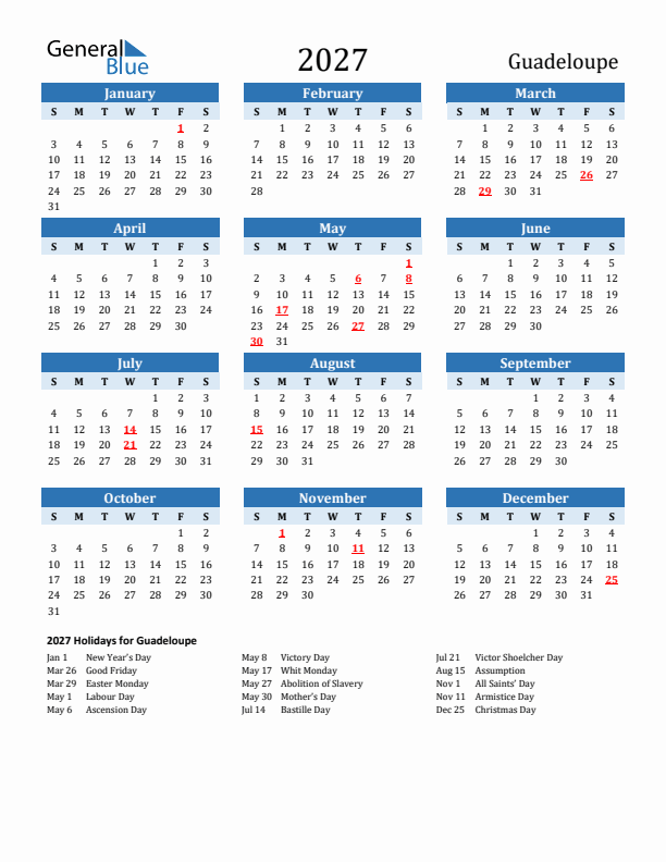 Printable Calendar 2027 with Guadeloupe Holidays (Sunday Start)