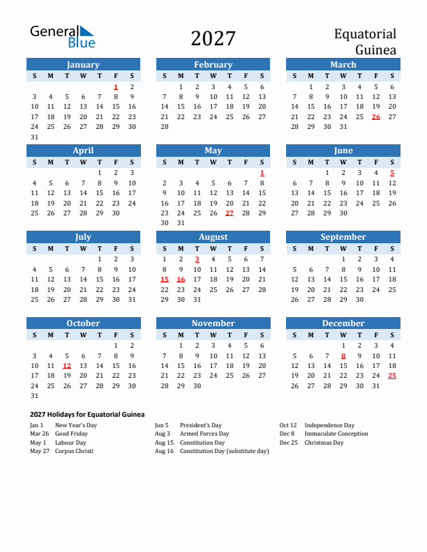 Printable Calendar 2027 with Equatorial Guinea Holidays (Sunday Start)