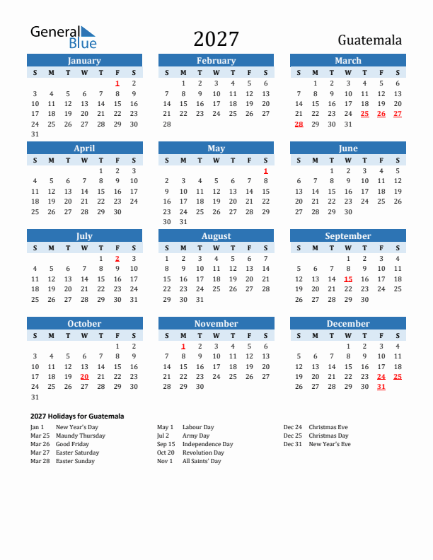 Printable Calendar 2027 with Guatemala Holidays (Sunday Start)