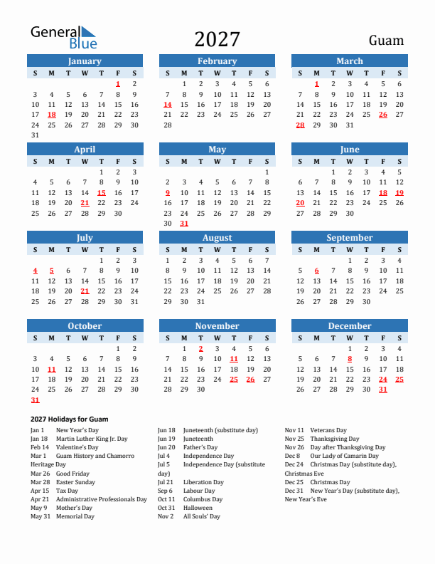 Printable Calendar 2027 with Guam Holidays (Sunday Start)
