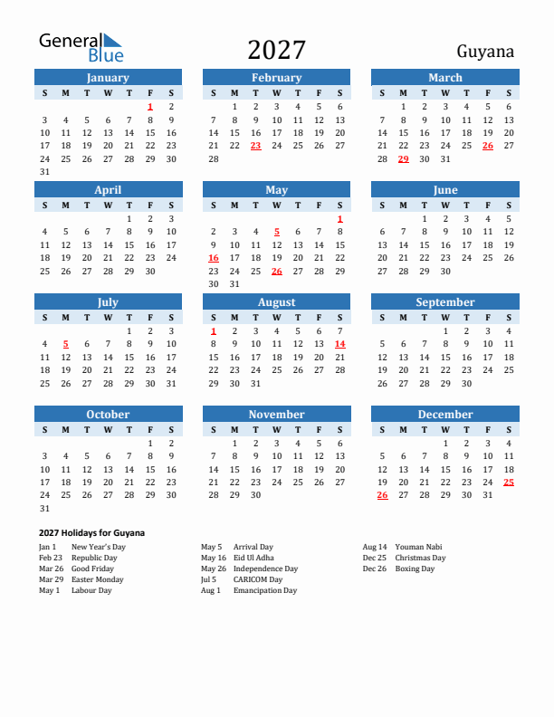 Printable Calendar 2027 with Guyana Holidays (Sunday Start)