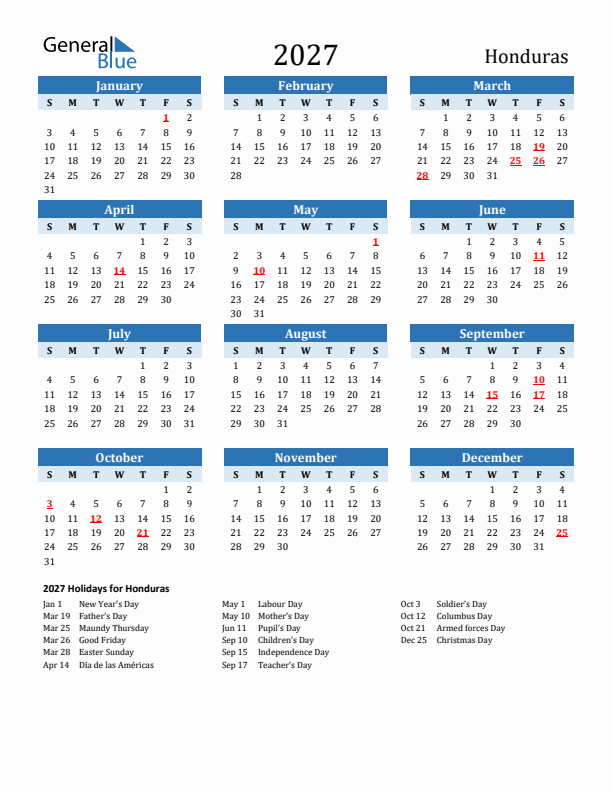 Printable Calendar 2027 with Honduras Holidays (Sunday Start)