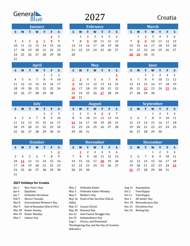 Printable Calendar 2027 with Croatia Holidays (Sunday Start)