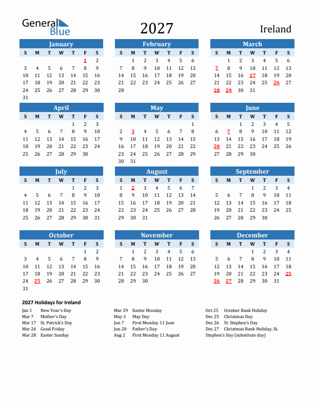 Printable Calendar 2027 with Ireland Holidays (Sunday Start)