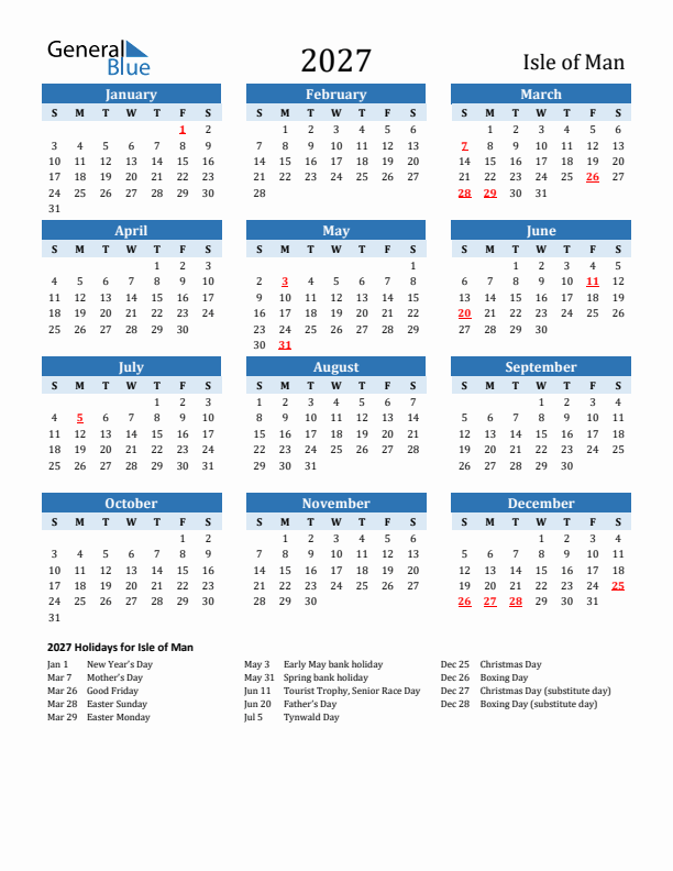 Printable Calendar 2027 with Isle of Man Holidays (Sunday Start)