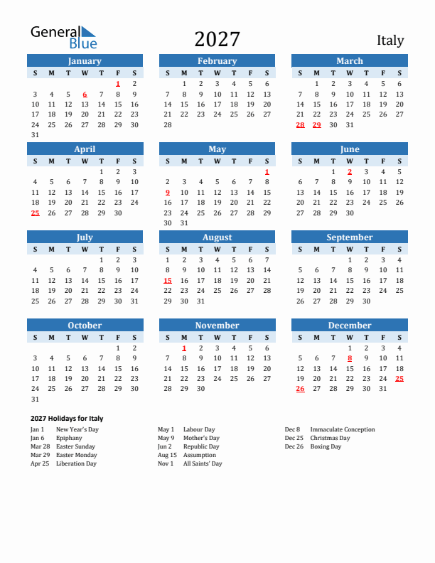 Printable Calendar 2027 with Italy Holidays (Sunday Start)