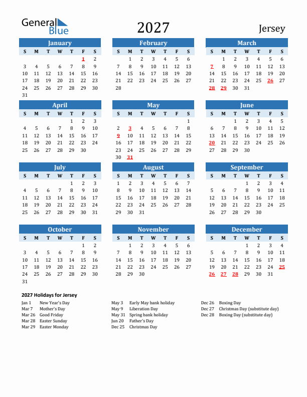 Printable Calendar 2027 with Jersey Holidays (Sunday Start)