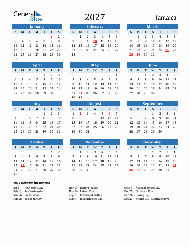 Printable Calendar 2027 with Jamaica Holidays (Sunday Start)