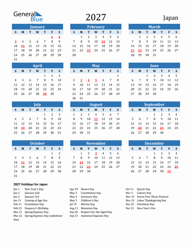 Printable Calendar 2027 with Japan Holidays (Sunday Start)