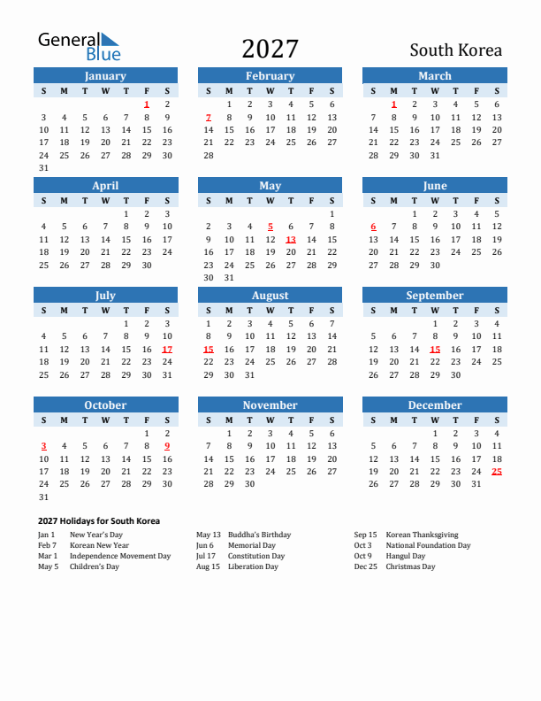 Printable Calendar 2027 with South Korea Holidays (Sunday Start)