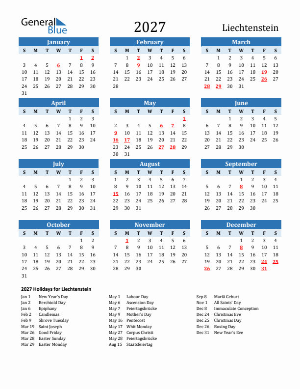 Printable Calendar 2027 with Liechtenstein Holidays (Sunday Start)