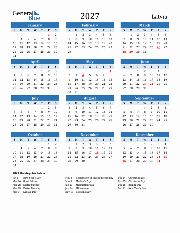 Printable Calendar 2027 with Latvia Holidays (Sunday Start)
