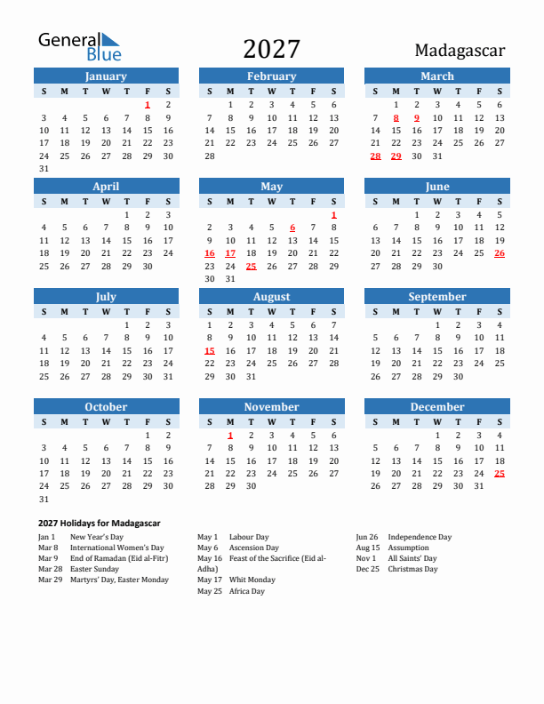 Printable Calendar 2027 with Madagascar Holidays (Sunday Start)