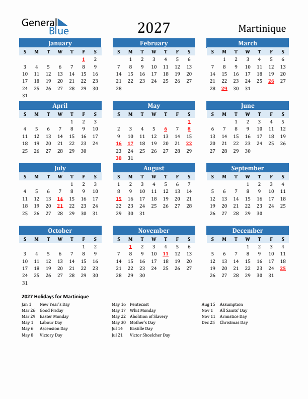 Printable Calendar 2027 with Martinique Holidays (Sunday Start)